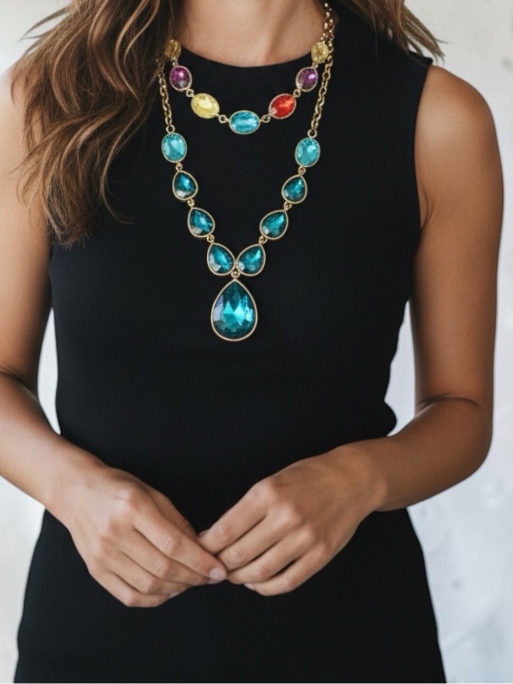 Multicolor & Teal Gemstone Layered Necklaces- 2 Necklace Set/Gold Toned Settings